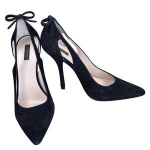 Joan & David Black Suede Strappy Pumps Women’s SZ 9M Pointed Toe Bow Stiletto